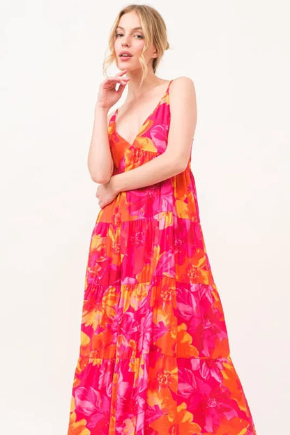 Floral Tiered Maxi Cami Dress with Pockets in Orange Multi - product view 4