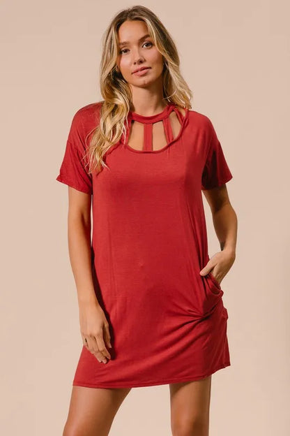 Front Cutout Mini Tee Dress with Pockets in Ginger - product view 3