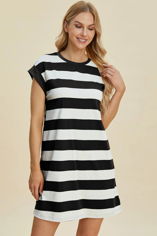 Full Size Striped Round Neck Cap Sleeve Mini Dress in Black, Camel and Dusty Blue - product view 2