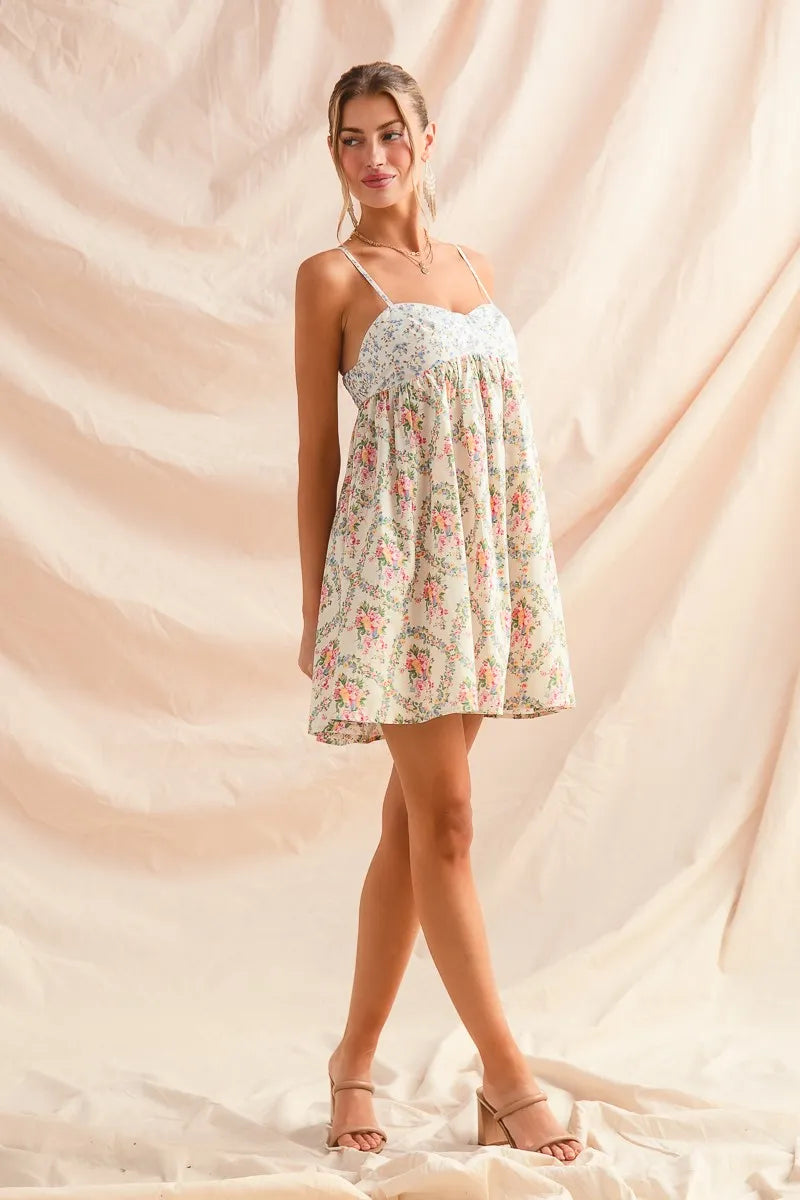 Mixed Floral Print Sleeveless Mini Dress in Cream Combo - product view 5