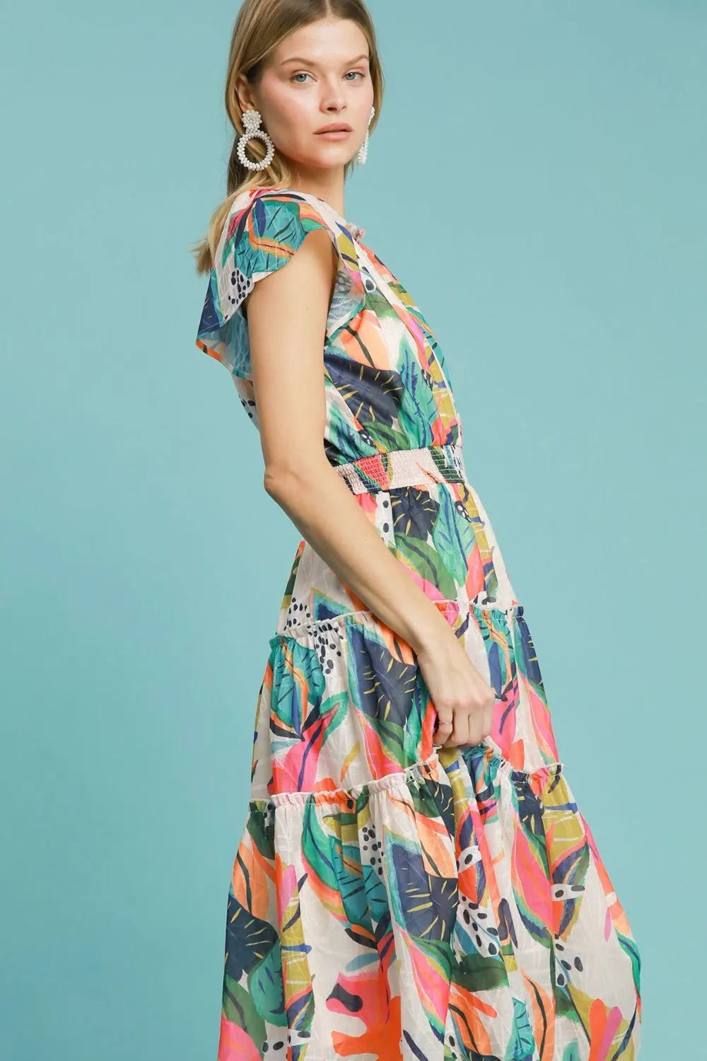 Full Size Leaf Print Cap Sleeve Tiered Midi Dress Plus Size in Orange Mix - product view 2