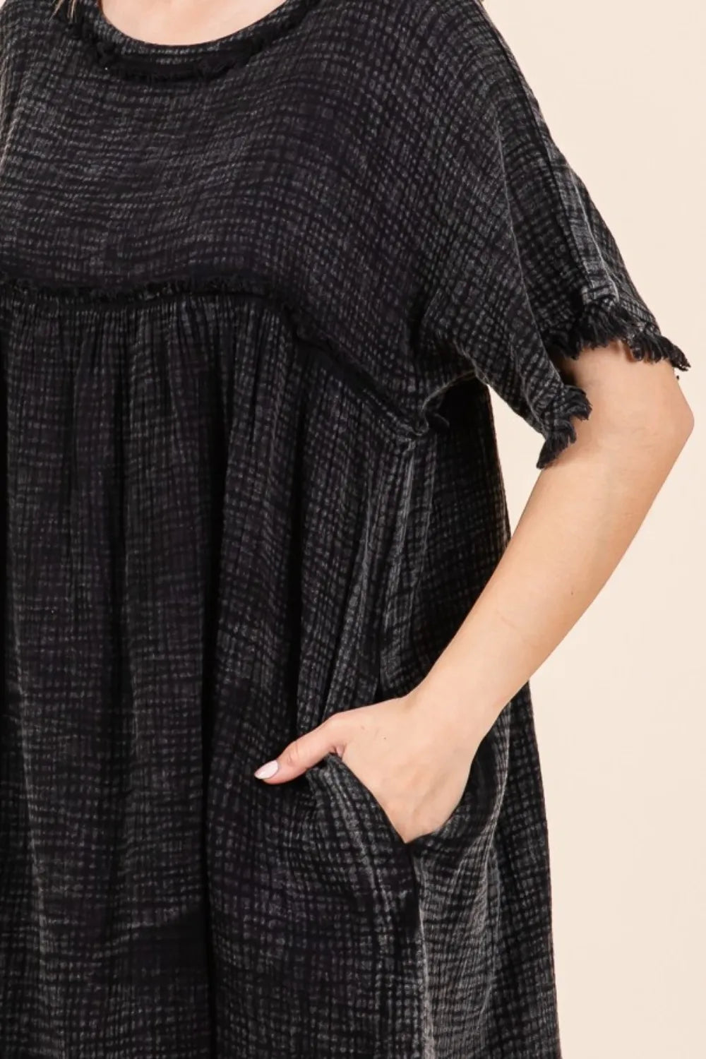 Full Size Short Sleeve Babydoll Texture Dress with Pockets - Black - product view 5