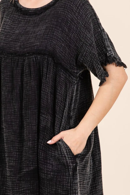 Full Size Short Sleeve Babydoll Texture Dress with Pockets - Black - product view 5