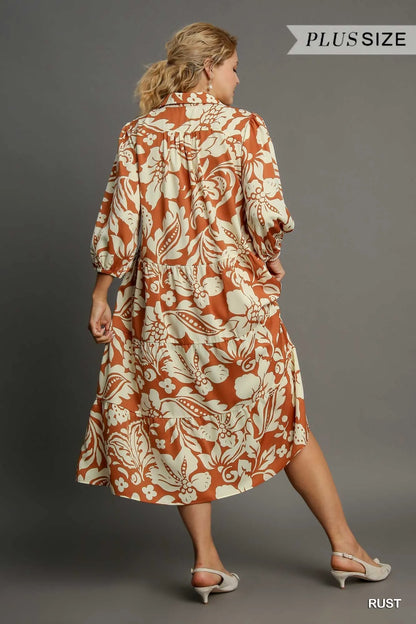 Full Size Floral Tiered Midi Shirt Dress Plus Size in Rust - product view 6