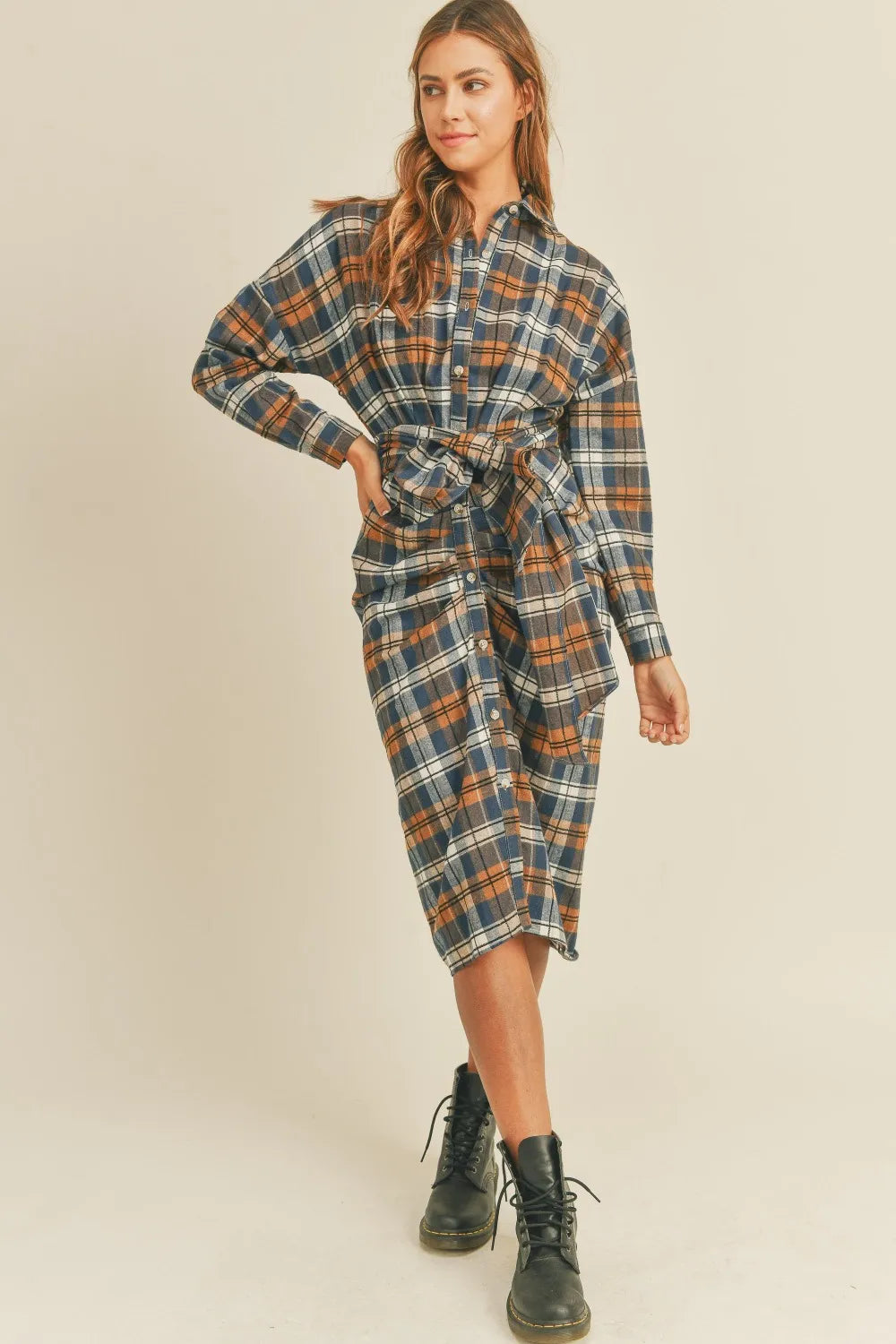 Plaid Flannel Front Tie Button Down Shirt Dress in Camel - product view 4