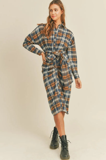 Plaid Flannel Front Tie Button Down Shirt Dress in Camel - product view 4