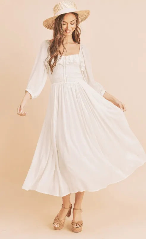 Ruffled Smocked Square Neck Balloon Sleeve Dress in White - product view 1