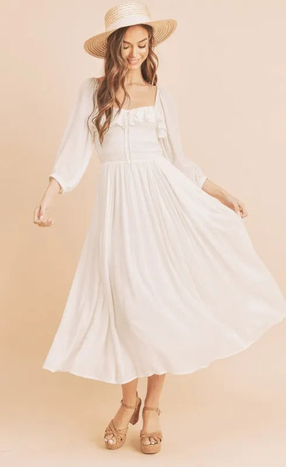 Ruffled Smocked Square Neck Balloon Sleeve Dress in White - product view 1