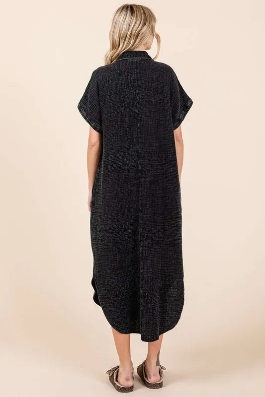 Mineral Wash V Neck Button Up Midi Shirt Dress in Charcoal - product view 4