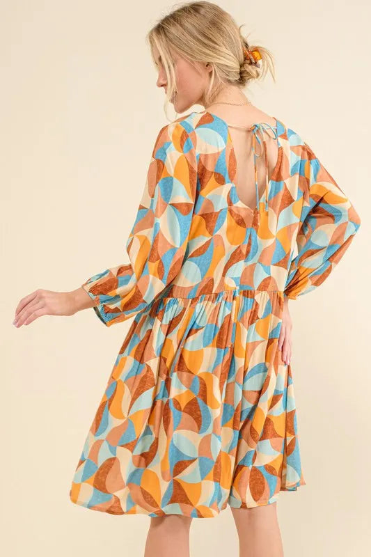 Printed Open Back Puff Sleeve Casual Dress in Blue Multi - product view 4