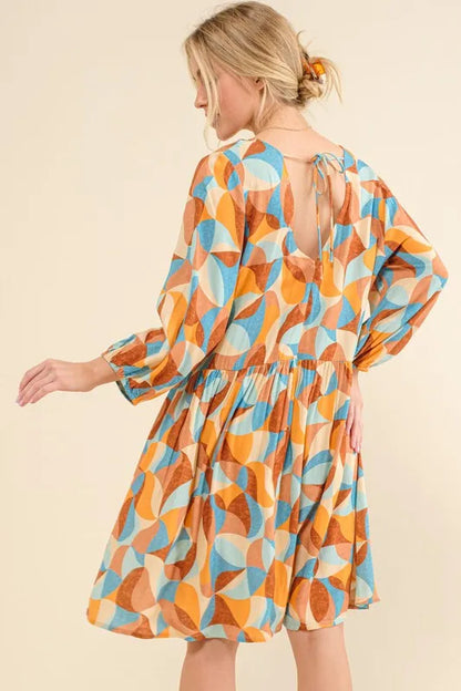 Printed Open Back Puff Sleeve Casual Dress in Blue Multi - product view 4