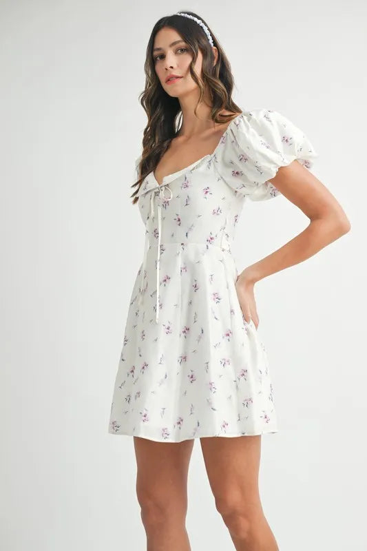 Floral Print Puff Sleeve Mini Dress - Off White - product view 5
