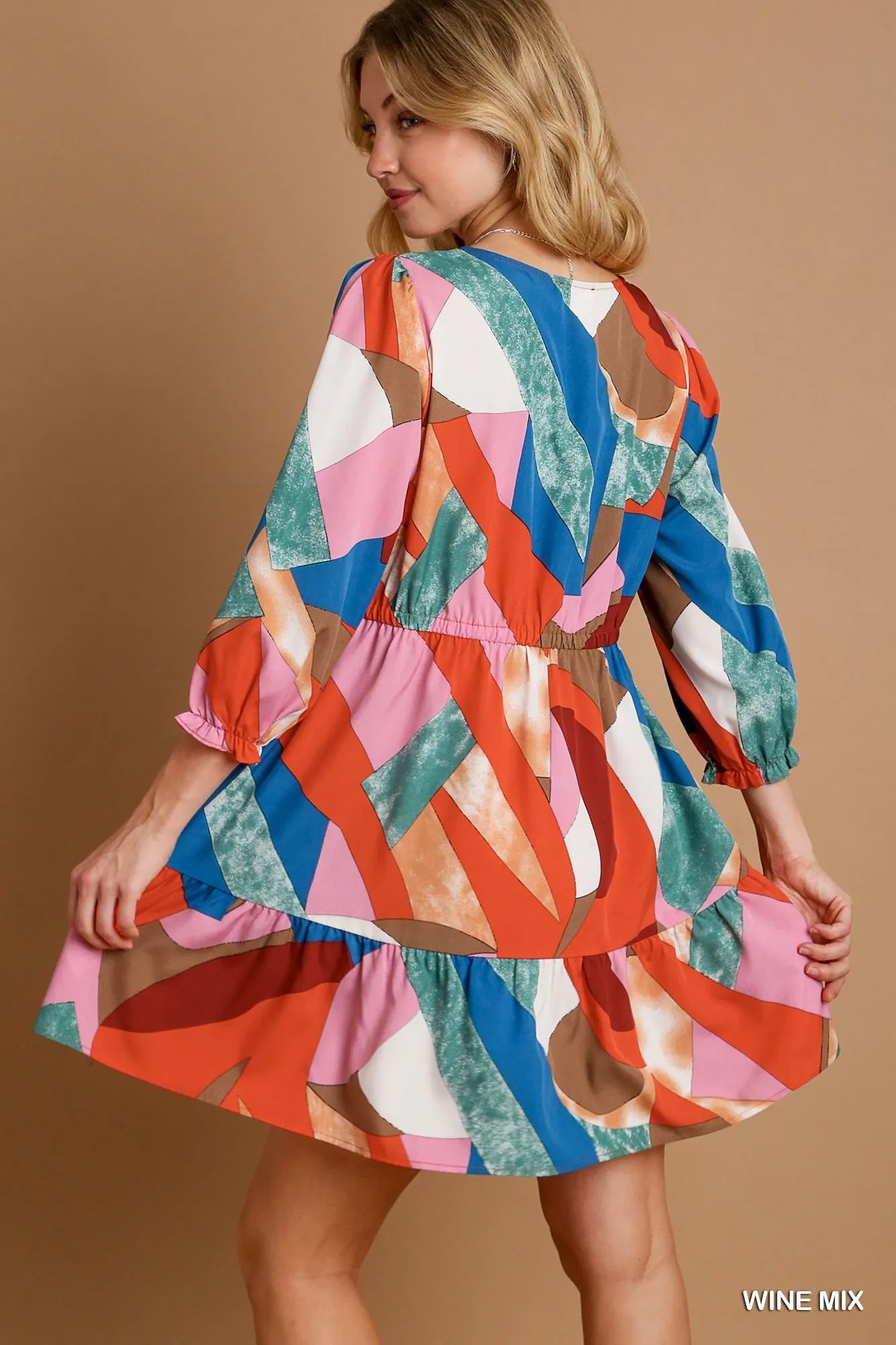 Abstract V-Neck Tiered Printed Dress - Wine Mix - product view 3