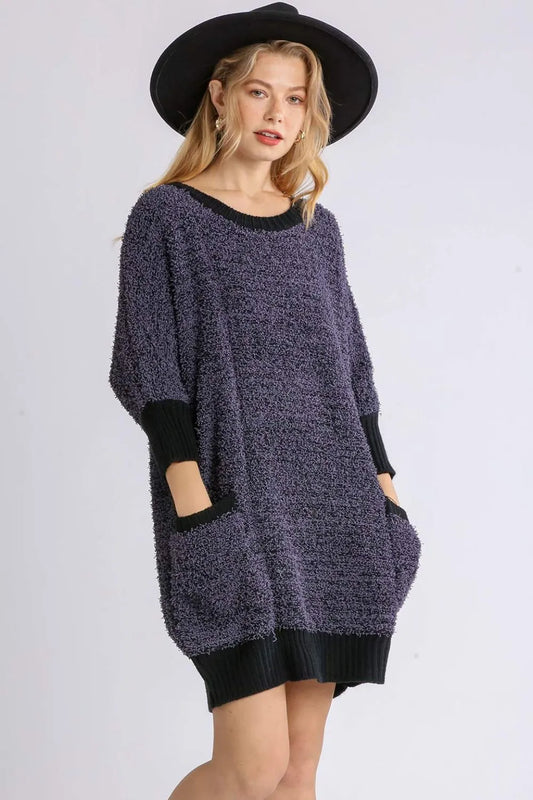 Full Size Ribbed Hem Round Neck 3/4 Sleeve Sweater Dress with Pockets Plus Size - Black - product view 2