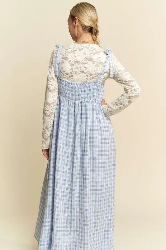 Plaid Smocking Sleeveless Maxi Dress in Blue - product view 6