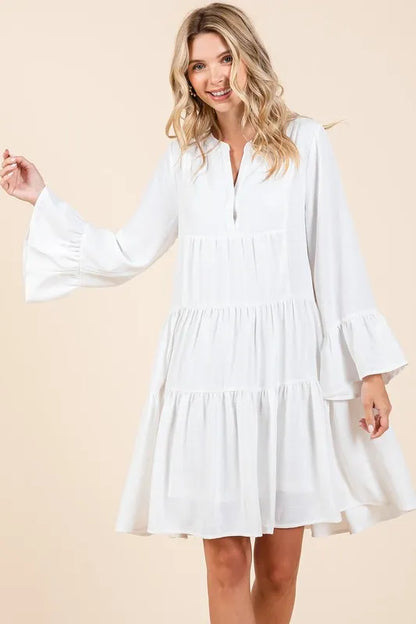 Tiered Notched Flare Sleeve Dress - Ivory - product view 2