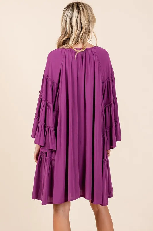 Frill Tie Neck Bell Sleeve Dress - Red-Violet - product view 5