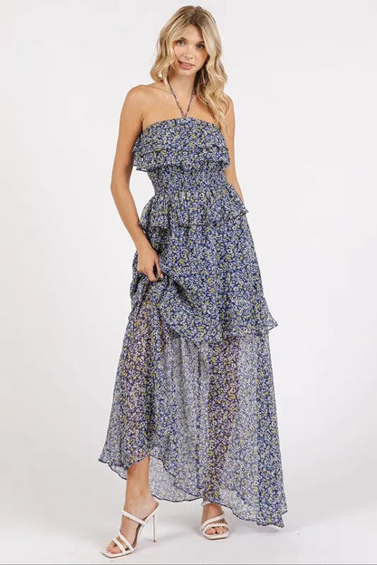 Ruffled Smocked Floral Halter Neck Maxi Dress - Dark Navy - product view 2