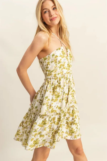 Floral Print Halter Neck Tiered Mini Dress in Yellow-Green - product view 2