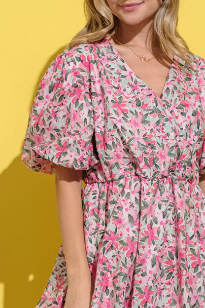 Full Size Floral Surplice Puff Sleeve Dress - Pink Multi - product view 6