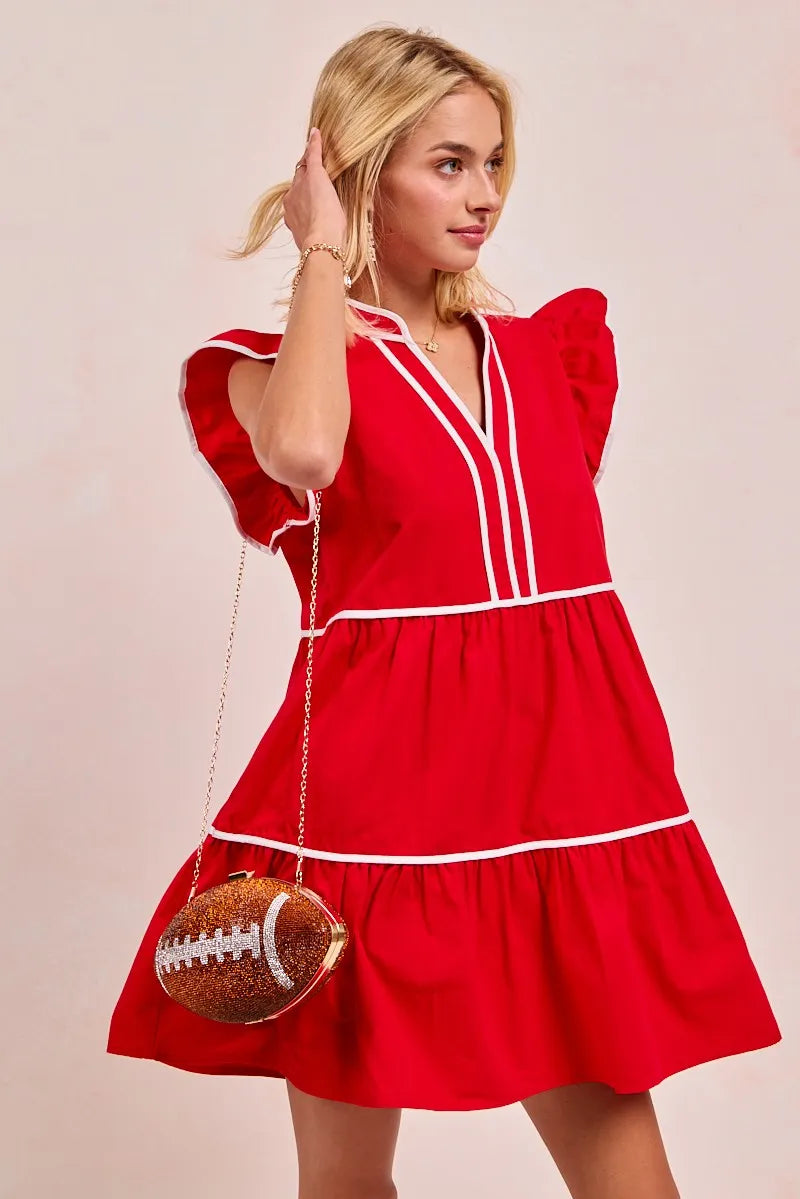 Gameday Theme Contrast Binding Ruffled Dress - Red - product view 13