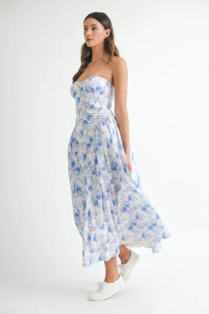 Sweetheart Neckline Floral Printed Midi Dress in Blue - product view 5