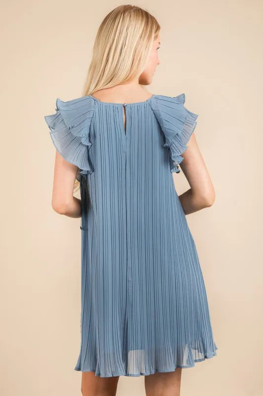 Plus Size Ruffle Sleeve Pleated Woven Mini Dress in Denim - product view 3