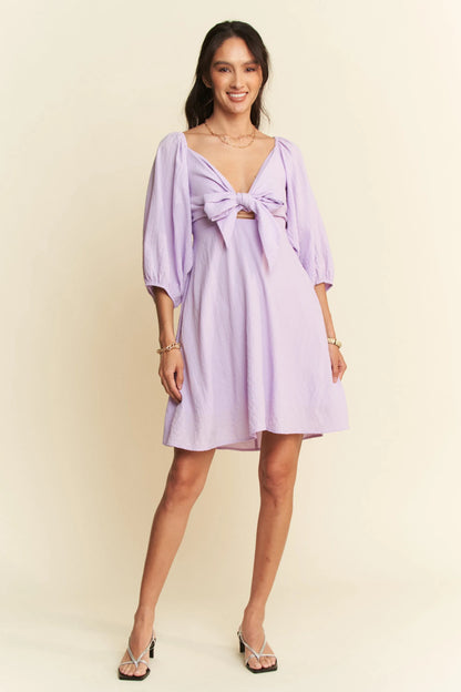 Self-Tie Puff Sleeve Smocking Open Back Mini Dress in Lavender - product view 6