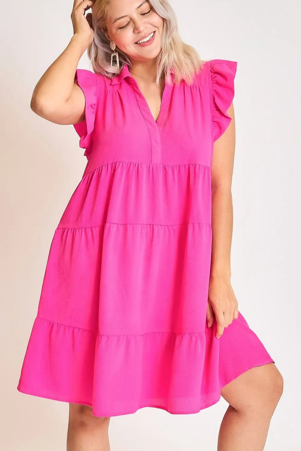 Full Size Johnny Collar Ruffle Cap Sleeve Tiered Dress Plus Size - Hot Pink - Umgee USA - Style 41744 - product view 4