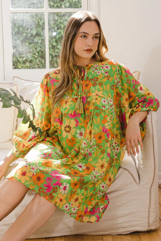 Full Size Floral Tied Neck Mini Dress - Green Multi - product view 1