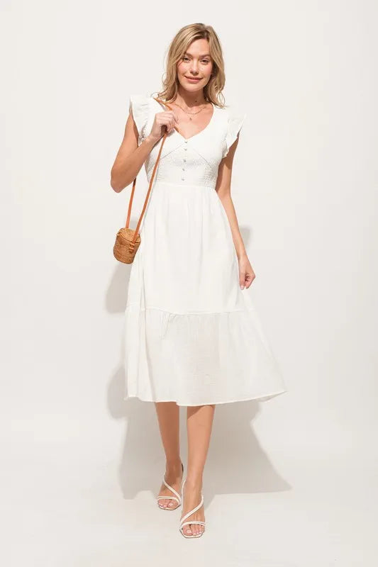 Ruffle Sleeve Front Smocked Tiered Midi Dress in Off White - product view 5