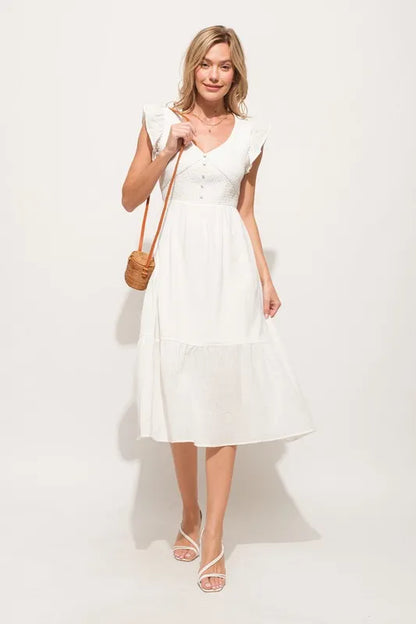 Ruffle Sleeve Front Smocked Tiered Midi Dress in Off White - product view 5