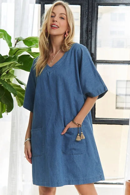 V-Neck Half Sleeve Mini Denim Dress in Peacock Blue - product view 2