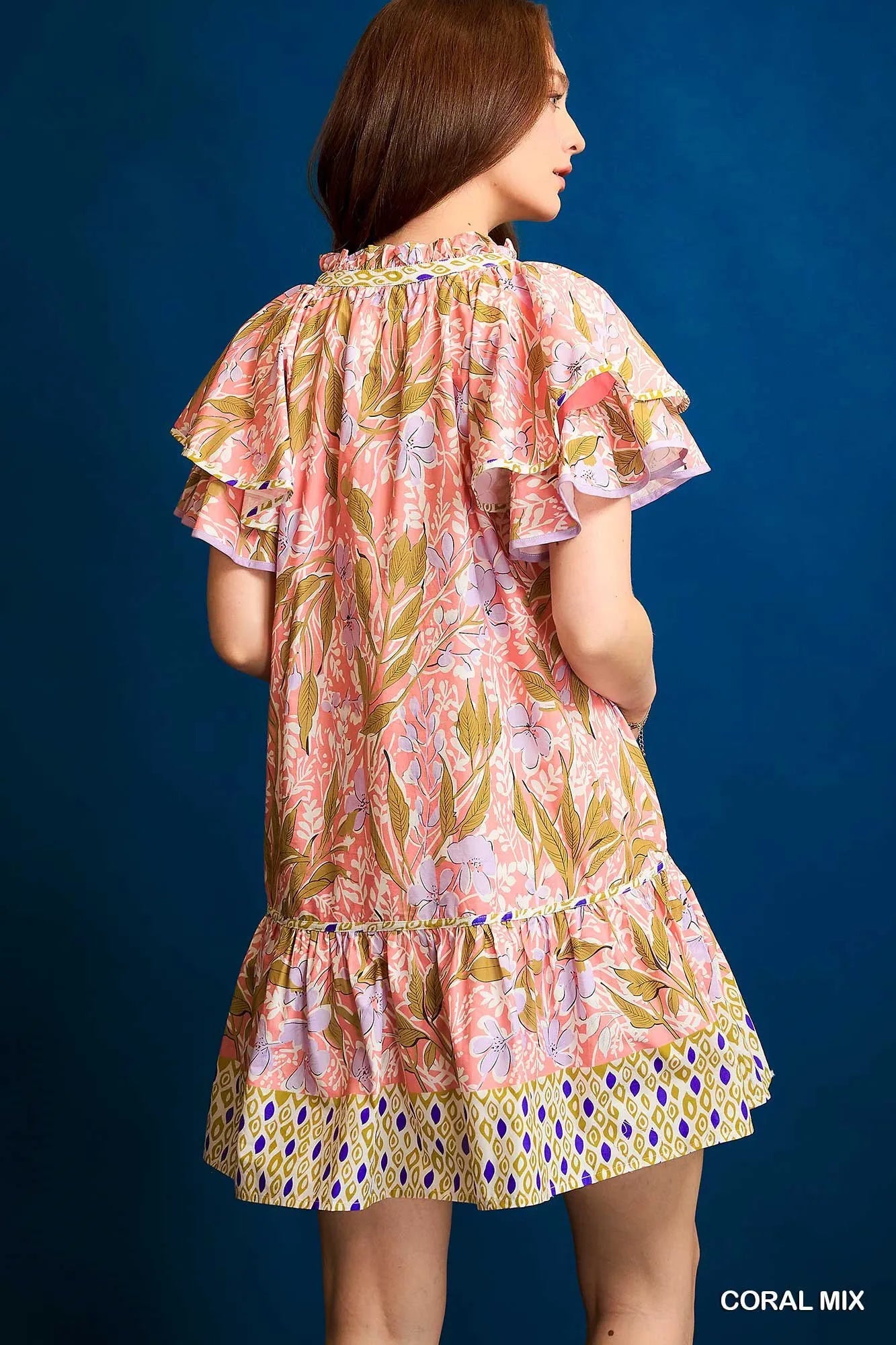 Floral Ruffle-Sleeve Tunic Dress in Coral Mix - product view 3