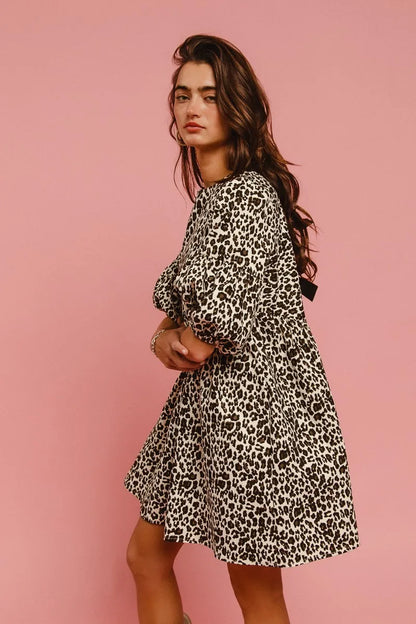 Leopard Denim Dress With Back Contrast Tie Detail in Off White Leopard - product view 13