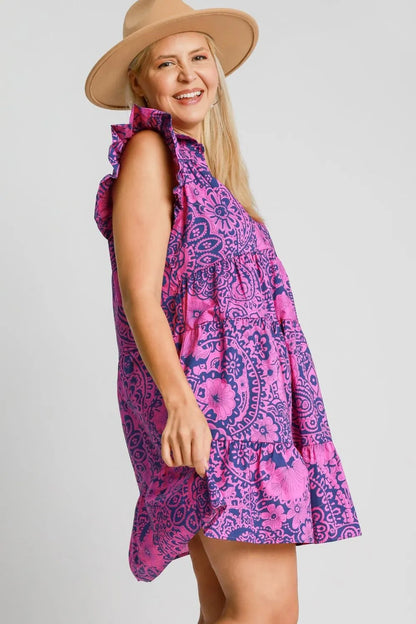 Full Size Printed Ruffle Cap Sleeve Babydoll Dress Plus Size - Navy/Pink - product view 4