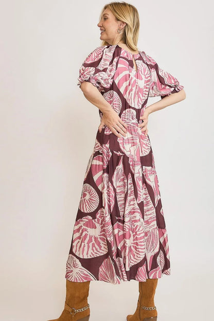 Full Size Printed Notched Puff Sleeve Midi Dress Plus Size - Plum/Mauve - product view 3