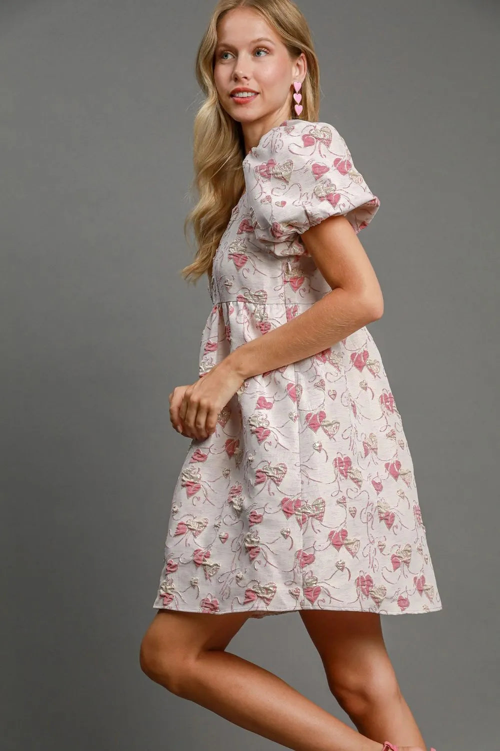 Heart Jacquard Square Neck Puff Sleeve Mini Dress - Pink - product view 3