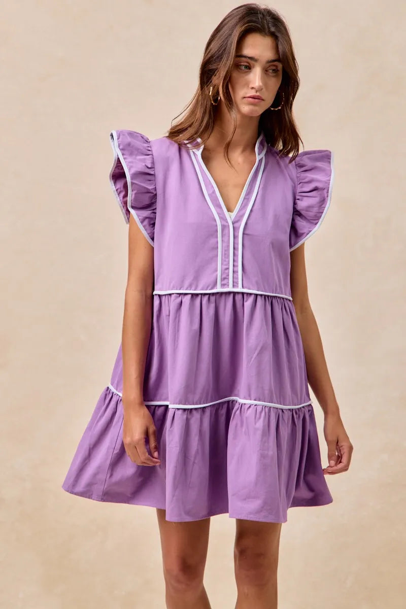 Gameday Theme Contrast Binding Ruffled Dress - Purple - product view 5