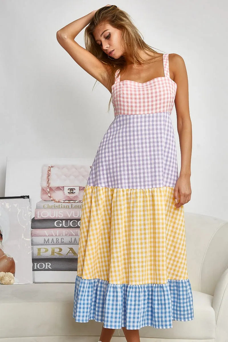 Color Block Tiered Gingham Dress in Yello/Sage/Blue/Purp - product view 8