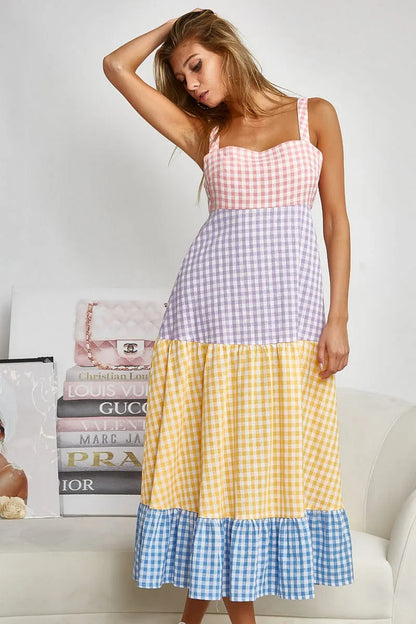 Color Block Tiered Gingham Dress in Yello/Sage/Blue/Purp - product view 8