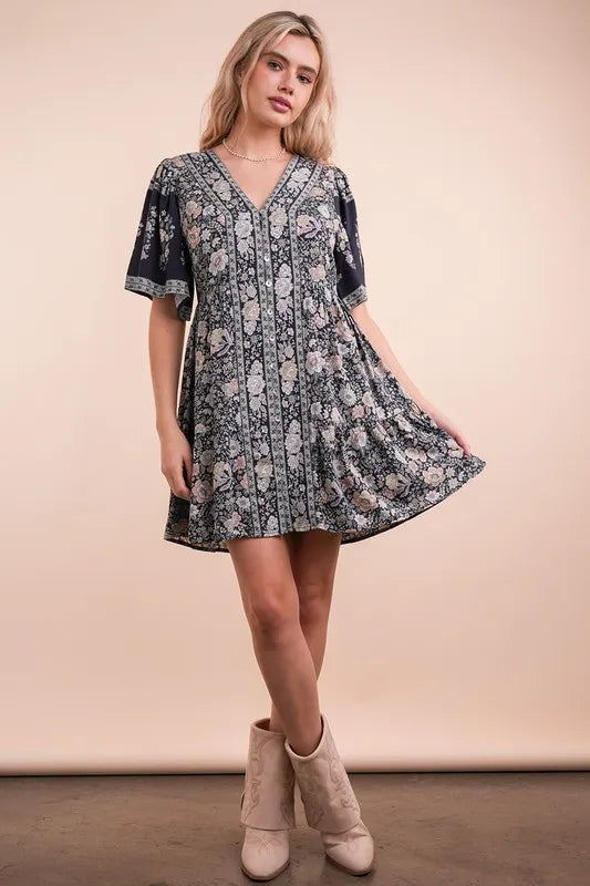 Shirring Detail Printed Woven Mini Dress in Navy Mix - product view 1