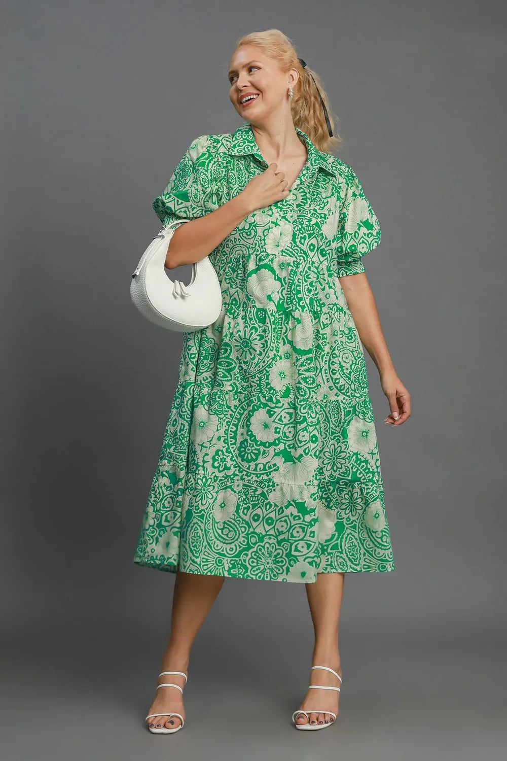 Full Size Printed Smocked Cuff Puff Sleeve Midi Dress Plus Size in Green - product view 3