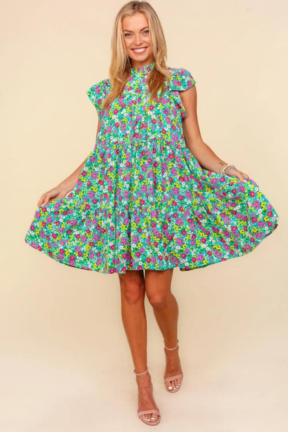 Frilled Mock Neck Ditsy Floral Dress in Aqua - product view 3