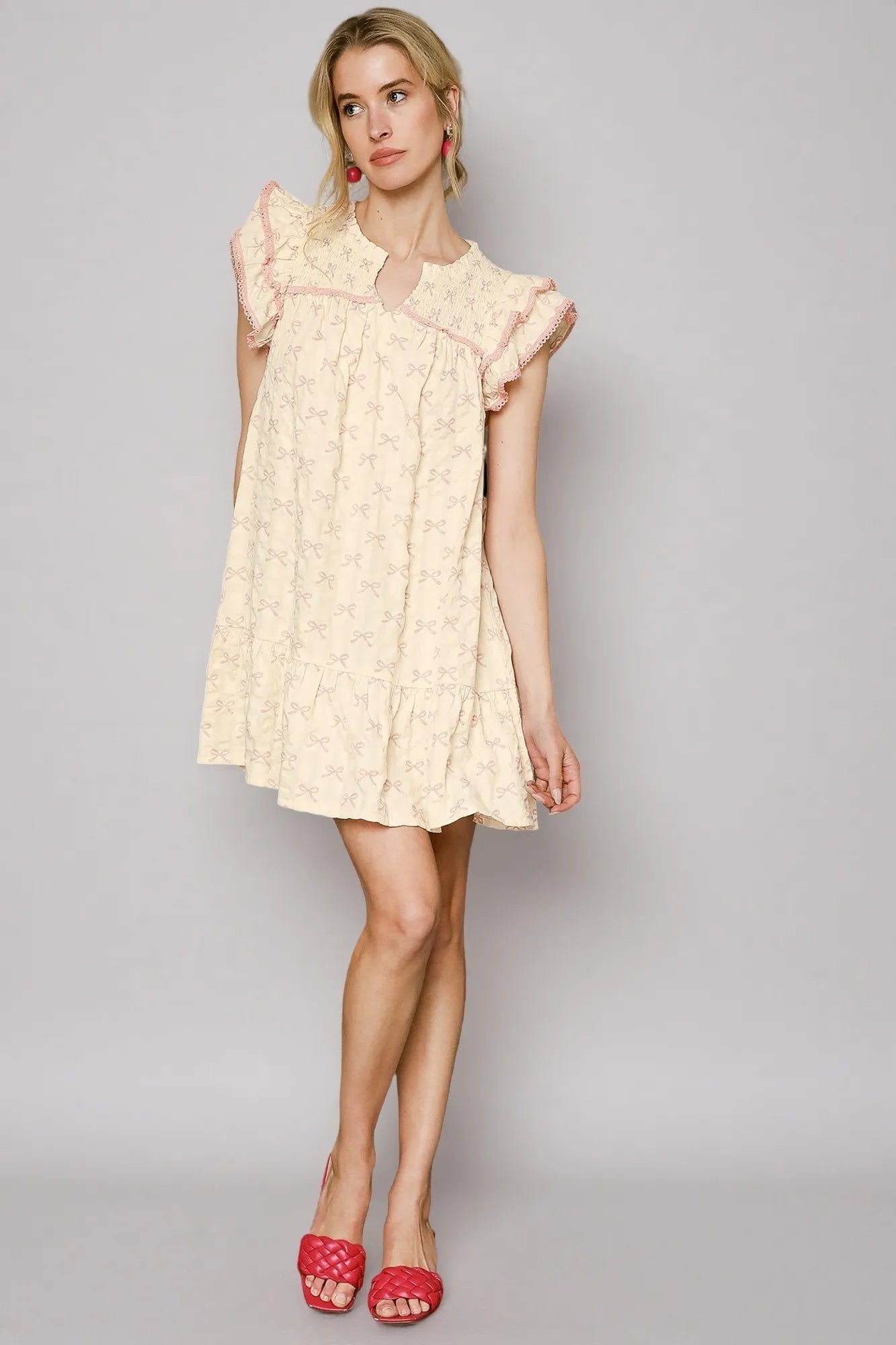 Bow Print Ruffled Cap Sleeve Mini Dress - Pink / Cream - product view 6
