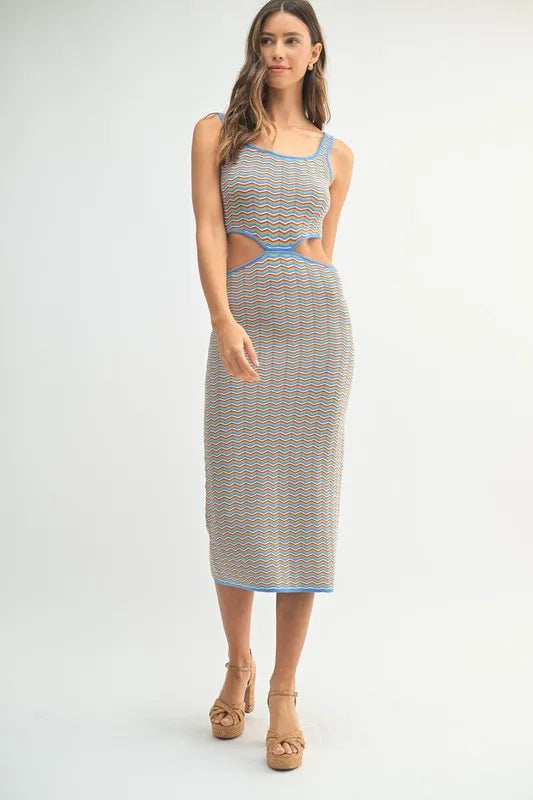 Multi Color Chevron Knit Bodycon Midi Dress in Aqua - product view 3
