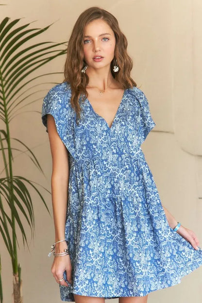 Printed V-Neck Ruffle Sleeve Mini Dress in Denim Blue - product view 2