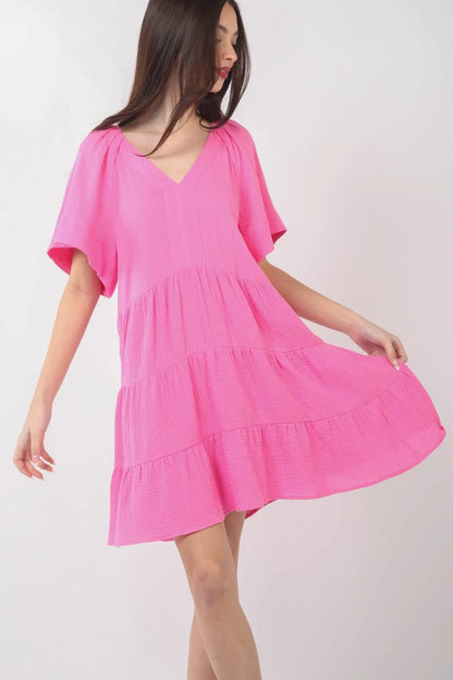 Texture V-Neck Ruffled Tiered Dress - Pink - product view 3