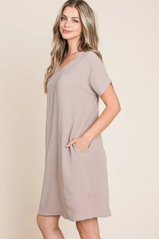 V-Neck Short Sleeve Dress with Pockets - Dust Storm - product view 2
