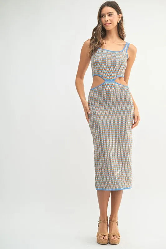 Multi Color Chevron Knit Bodycon Midi Dress in Aqua - product view 6